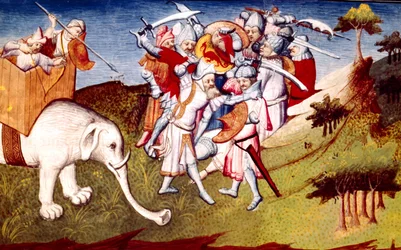 Ms Fr 2810 f.33, Marco Polo in der Schlacht zwischen Dschingis Khan und seinem Onkel Nouern, Illustration aus Livre des Merveilles du Monde, ca. 1410-12